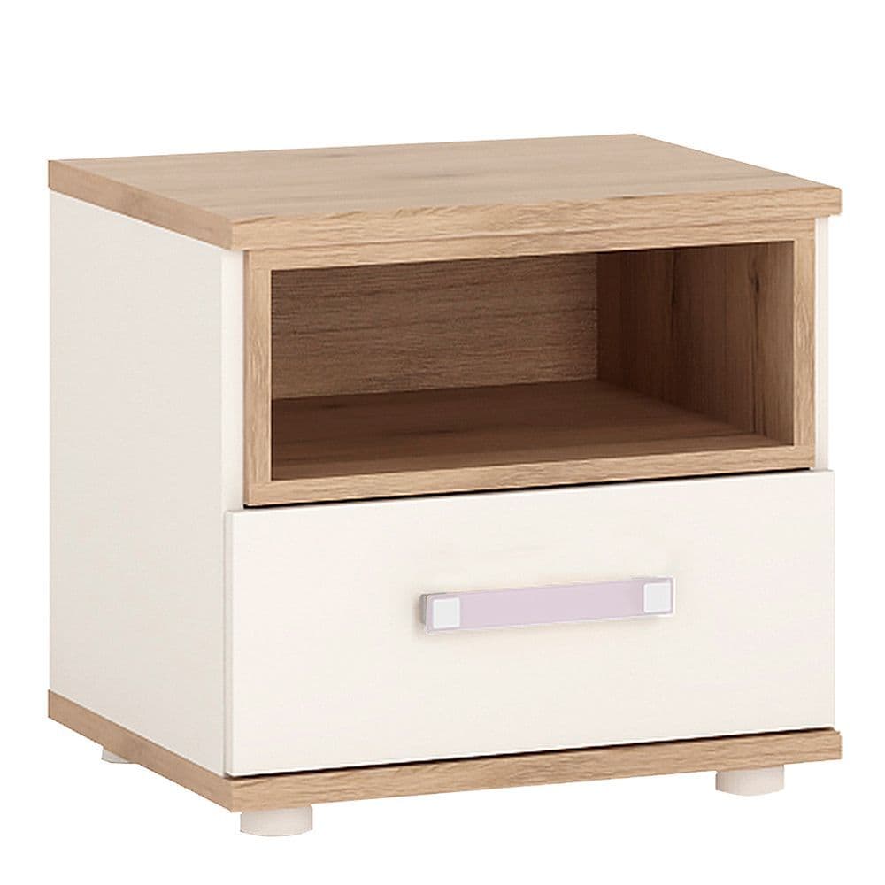 Kinder 1 Drawer bedside Cabinet in Light Oak and white High Gloss (lilac handles)